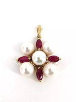 14KT Yellow Gold 3.71g 5 Pearls & 4 Ruby Stones Pendant