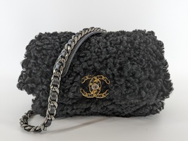 CHANEL Shearling Sheepskin Medium Chanel 19 Flap Black Shoulder Bag