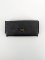 Authentic Prada Saffiano Leather Fold over Long Women's Black Wallet