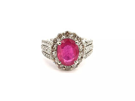 14KT White Gold 7.93g 2.5CT Ruby & 1cttw Diamonds Halo Ring Size 6.25