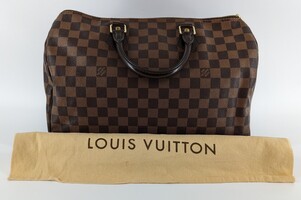 Authentic Louis Vuitton Speedy Bag with Red Interior Brown Canvas