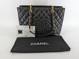 CHANEL Quilted Matelass Caviar Gold Chain Grand Shopping Tote Black
