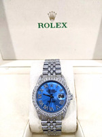 1972 Rolex Datejust 1603 36mm Blue Dial Diamonds Customized Wristwatch