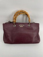 Authentic Gucci Pebbled Leather Bamboo Top Handle Burgundy Tote Bag