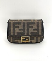 Authentic Fendi Fabric Jacquard FF 1974 Nano Baguette Charm Tobacco Moro Black