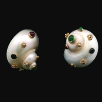  14KT Yellow Gold Turbo Shell Earrings with Rubies, Sapphires & Emeralds – 17.69