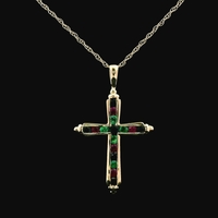  14KT Yellow Gold Multi-Gemstone Cross Pendant & Cable Chain Necklace – 2.53g