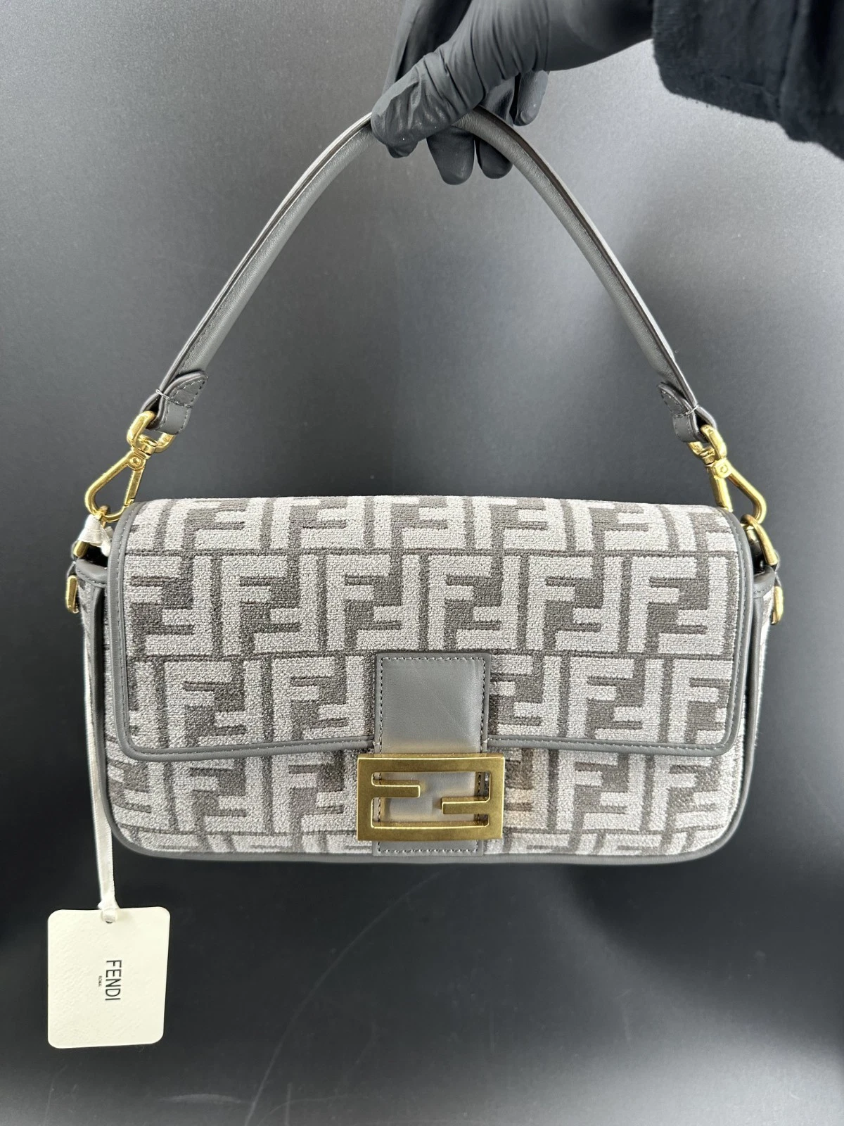 Fendi Baguette Handbag Grey Logo Canvas Shoulder Bag NEW W/ Box and Papers