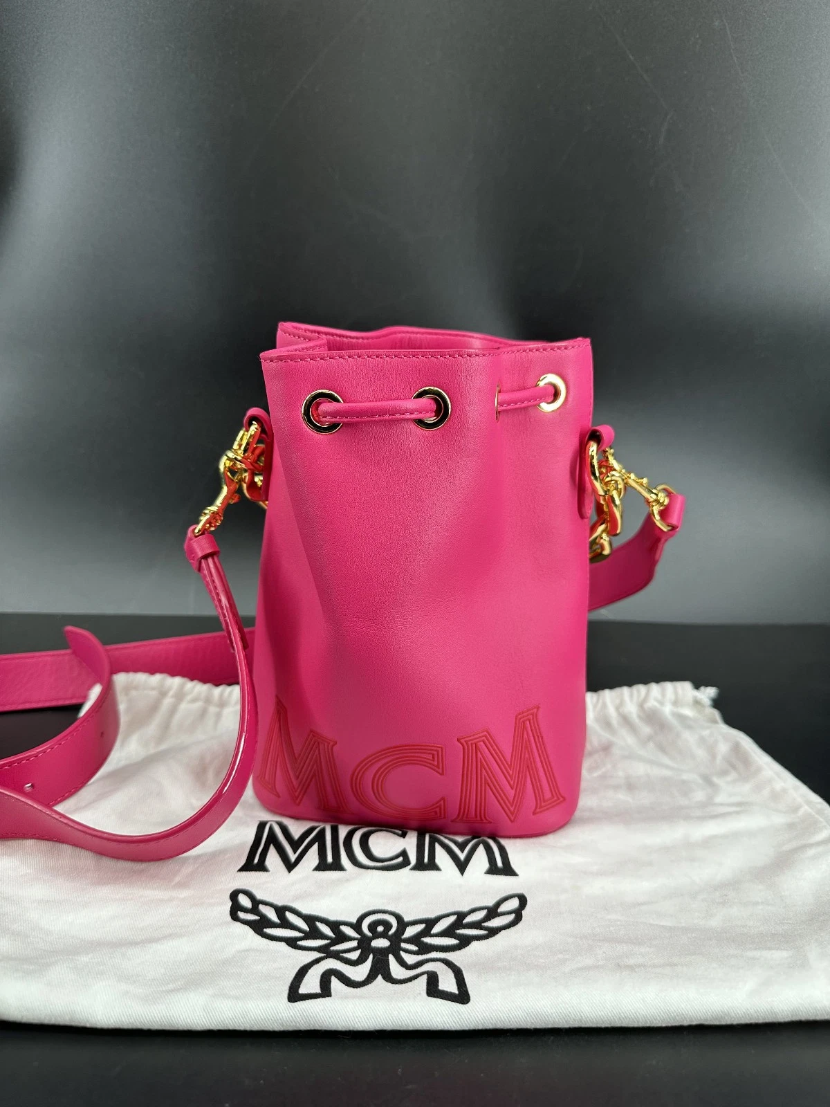 MCM Mini Logo Chain Drawstring Bucket Bag Beetroot Purple W/ Dustbag