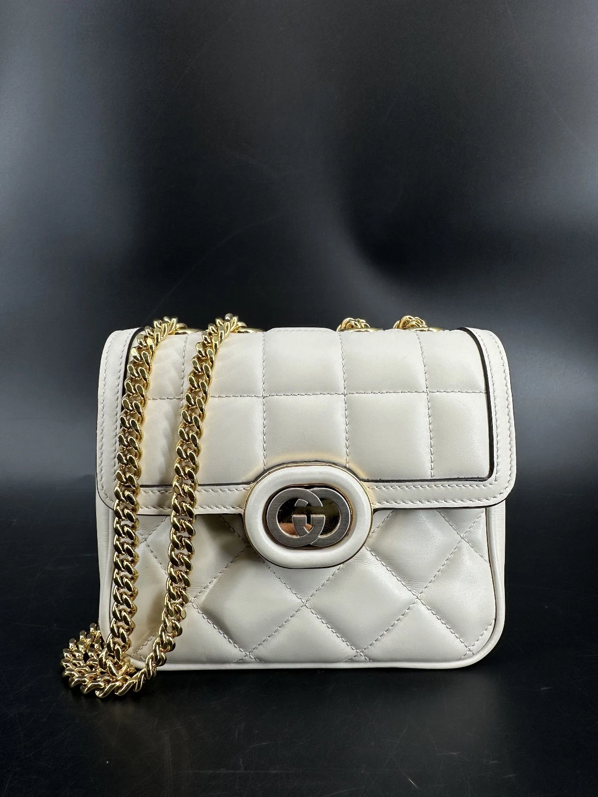 GUCCI Deco Mini White Quilted Leather Shoulder Bag Authentic