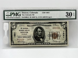$5 US National Bank Note Fr#1800-2 1929 T.2 CH#1651 Denver VF30 EPQ