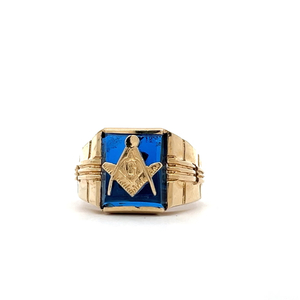 14k Yellow Gold Blue Stone Masonic Ring Size 9.25
