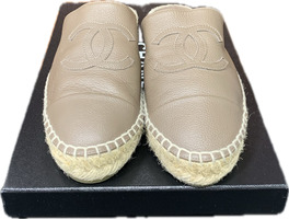 Chanel Dark Beige Leather CC Logo Double Sole Backless Espadrilles,Size 7B /37EU