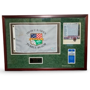 TIGER WOODS SIGNED PEBBLE BEACH 100TH US OPEN FLAG FRAMED WITH TICKET STUB 