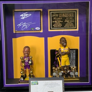 CUSTOM FRAMED STAPLES CENTER FLOOR PIECE AUTOGRAPHED BY KOBE BRYANT & SHAQUILLE 