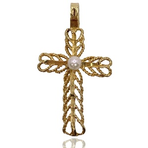  1.44 DWT (2.24g) 14KT Yellow Gold Charm – Cross Pendant with Pearl