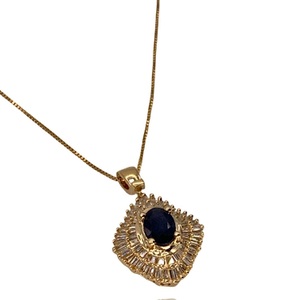  2.58 dwt 14kt Yellow Gold Pendant Necklace – Sapphire w/ Baguette Diamonds 