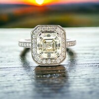 Plat Halo Engagement ring, 3.76ct. Asscher cut O-P SI1 diamond GIA 