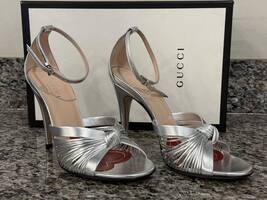Gucci Silver Metallic Heels Crawford Strap Napa Leather Size 36 1/2 VWG 327618