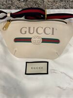 Gucci Belt Bag Logo Grained Calfskin White Fanny Pack Web Stripe - VWG 328862