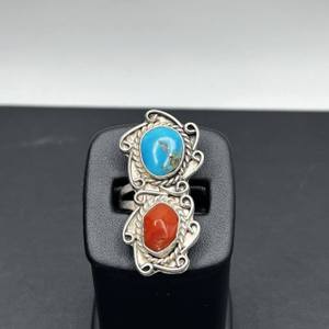  Vintage Sterling Silver Ring with Turquoise and Coral Size 6 LS(330970)