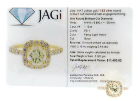 Gabriel & Co 14KT Yellow Gold 1.63 cttw Fancy Light Yellow Diamond Halo Ring 